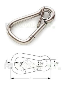 Karabijnhaak peervormig 100 x 10 mm rvs met ring en zekering